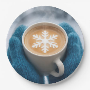 Weihnachts-Winterkaffee mit Handschuhen und Schnee Pappteller