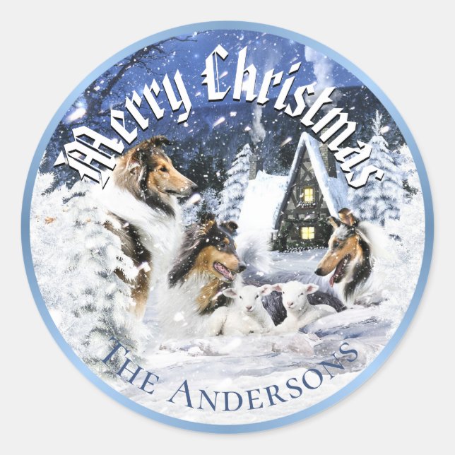 Weihnachts-Wintermärchen, Colliese und Lämmer - Runder Aufkleber (Vorderseite)