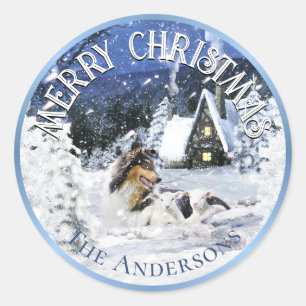 Weihnachts-Wintermärchen, Tricolor Collie Dog - Runder Aufkleber