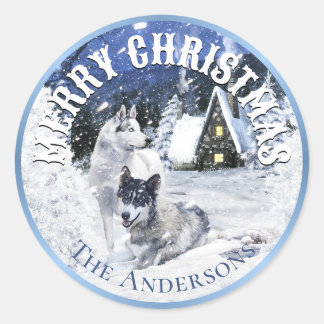 Weihnachts-Wintermärchen, Wolfen im Schnee - Runder Aufkleber