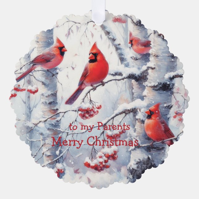 Weihnachts-Winterschnee Bäume Kardinal Eltern Ornament Karte (Vorderseite)