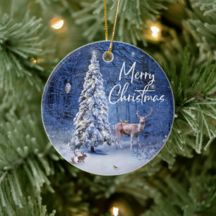 Weihnachts Winterschnee bedeckt Baumlichter Keramik Ornament