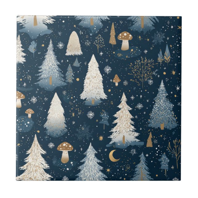 Weihnachts-Winterwald-Tannenbaum-Muster Fliese (Vorderseite)