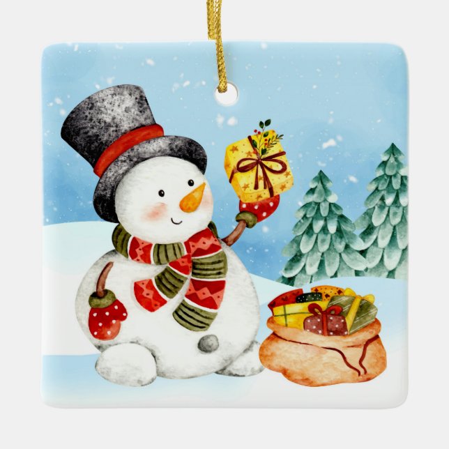Weihnachts Wintery Snowman Keramik Ornament (Vorderseite)