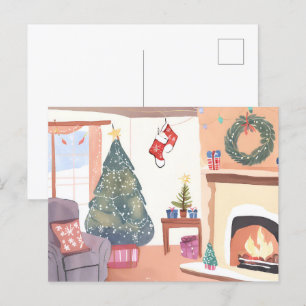 Weihnachts-Wohnzimmer   Wasserfarben-Feiertag Feiertagspostkarte