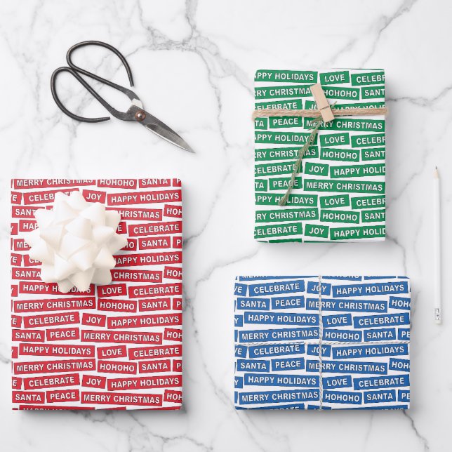 Weihnachts-Wörter Red Green Blue Paper Sheets Geschenkpapier Set (Vorderseite)
