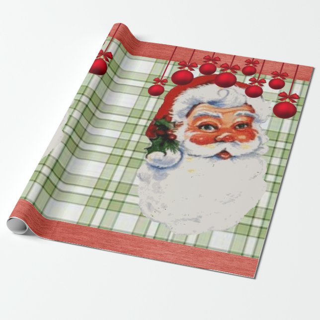 Weihnachts-Wrackpapier Santa Green Kariert Geschenkpapier (Ungerollt)