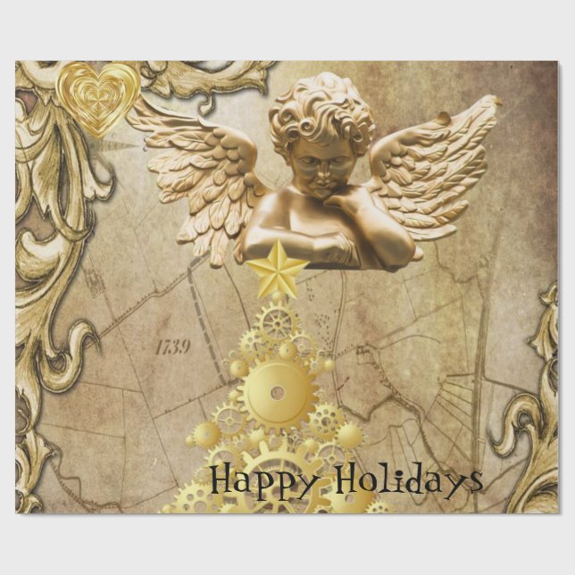Weihnachts Wrapping Paper Happy Holidays Gold Enge Geschenkpapier (Flach)
