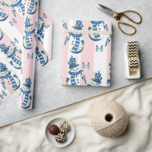 Weihnachts-Wrapping Pink & White Strip Schneemann Geschenkpapier