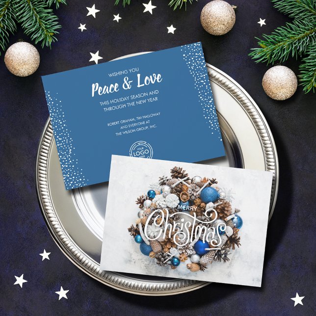 Weihnachts-Wreath-Geschäftsgrüße Feiertagskarte (Blue and white pine wreath Merry Christmas business greeting cards)
