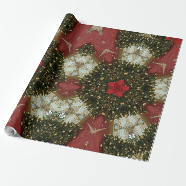 Weihnachts-Wreath-Green-Gold mit Red Star Geschenkpapier (Ungerollt)