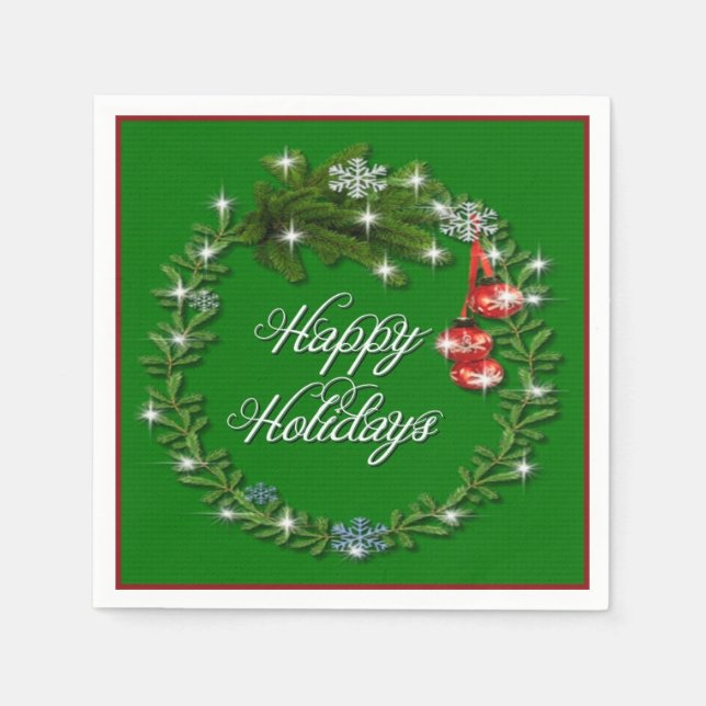 Weihnachts Wreath Green Happy Holidays Napkins Serviette (Vorderseite)