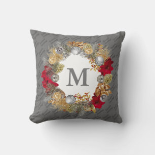 Weihnachts-Wreath-MONOGRAM Grau Kissen