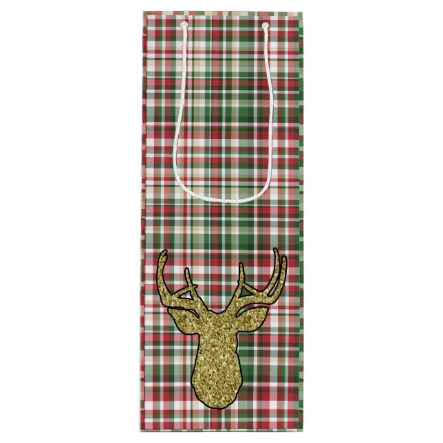 Weihnachts XMAS Kariert Tartan Gold Deer Buck Bag Geschenktüte Für Weinflaschen (Vorderseite)