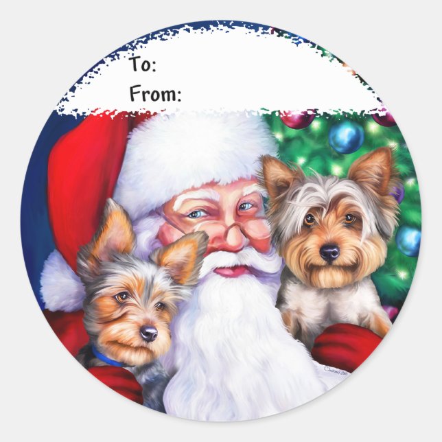 Weihnachts-Yorkies Runder Aufkleber (Vorderseite)
