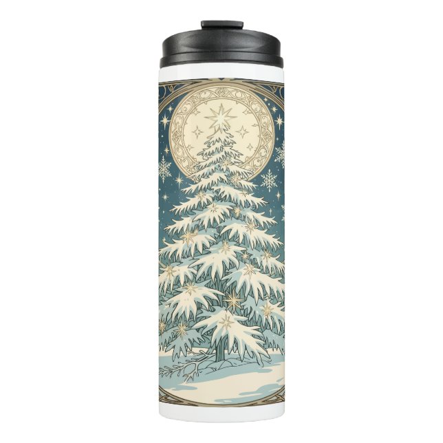 Weihnachts-Yule-Baum mit Schnee und sternförmig  Thermosbecher (Vorderseite)