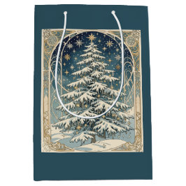 Weihnachts-Yule-Baum mit schneebedeckten Ästen Mittlere Geschenktüte