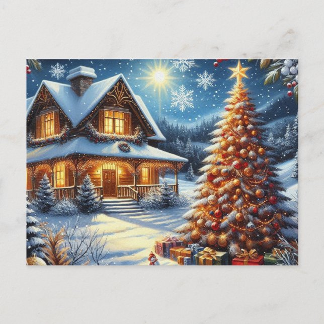 Weihnachts-Zuhause mit Weihnachtsbaum 4 Postkarte (Vorderseite)