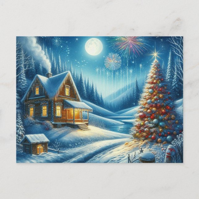 Weihnachts-Zuhause mit Weihnachtsbaum 5 Postkarte (Vorderseite)