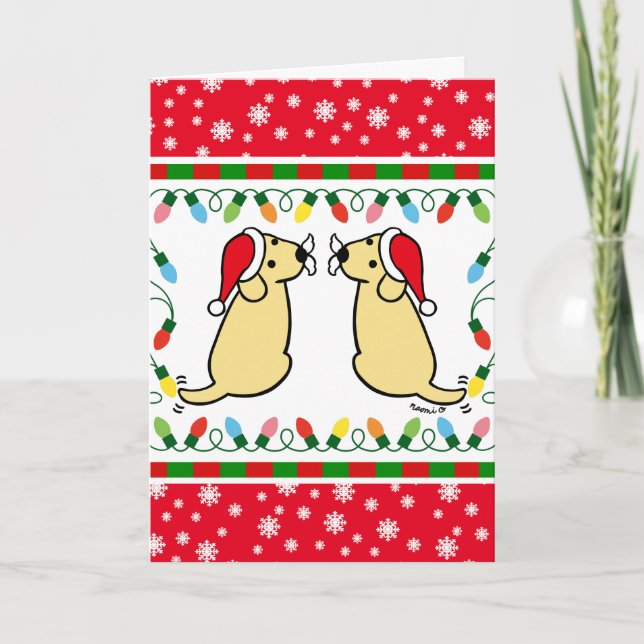 Weihnachts-Zwillingsgelbe Labradors Santa Karte (Vorderseite)