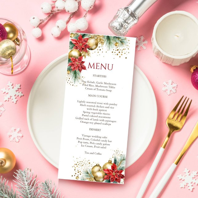 Weihnachtsabend Aquarellgold Poinsettia Menükarte (Christmas dinner party template menu card watercolor red  poinsettia gold baubles elegant menu card)