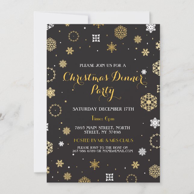 Weihnachtsabend Party Gold Schneeflocken Einladung (Vorderseite)