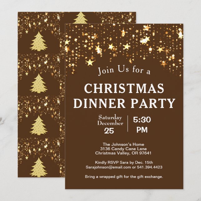 Weihnachtsabend Party Gold Stars Bäume braun Einladung (Vorne/Hinten)