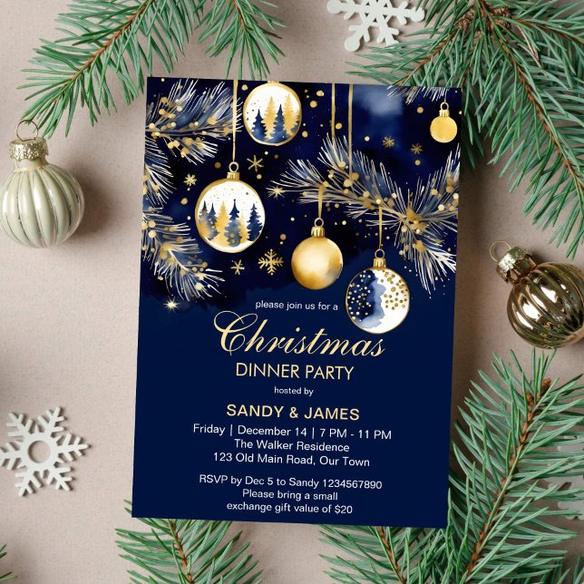 Weihnachtsabend Party Gold und marineblaue Baubles Einladung (Christmas dinner party elegant navy blue and gold baubles template invitation instant download)