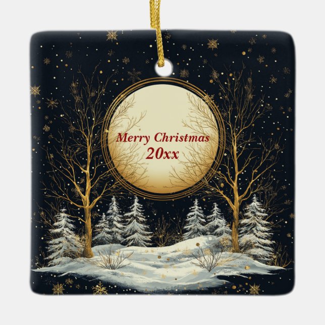 Weihnachtsabend Vollmond Pine Tree Schnee Keramikornament (Vorderseite)