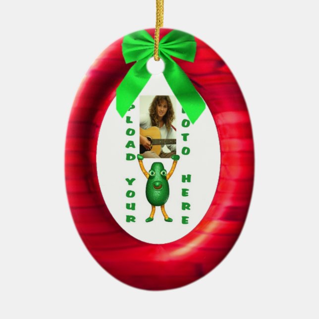 Weihnachtsaddieren grünes Bandrot Fotoportal Keramik Ornament (Vorne)