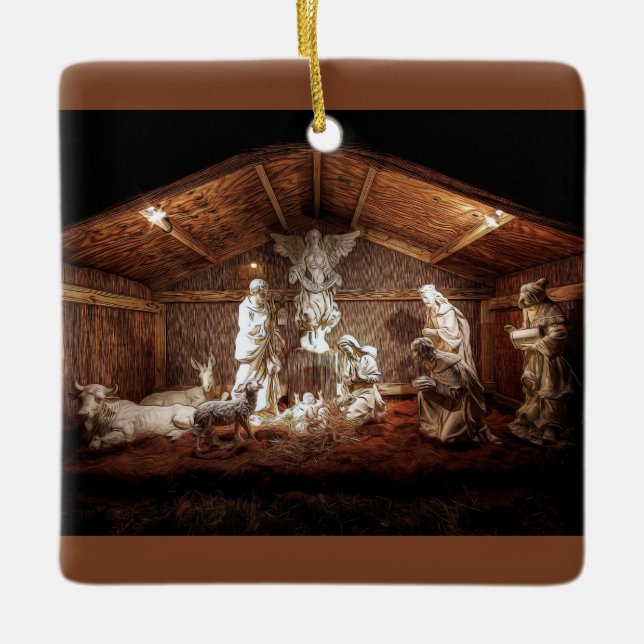 WeihnachtsAdvent Jesus Krippe Szene Keramikornament (Vorderseite)