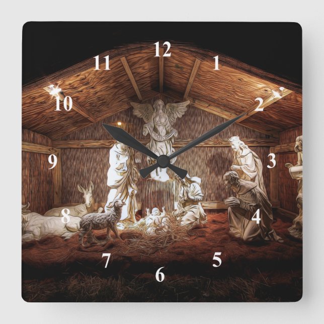 WeihnachtsAdvent Jesus Krippe Szene Quadratische Wanduhr (Vorderseite)