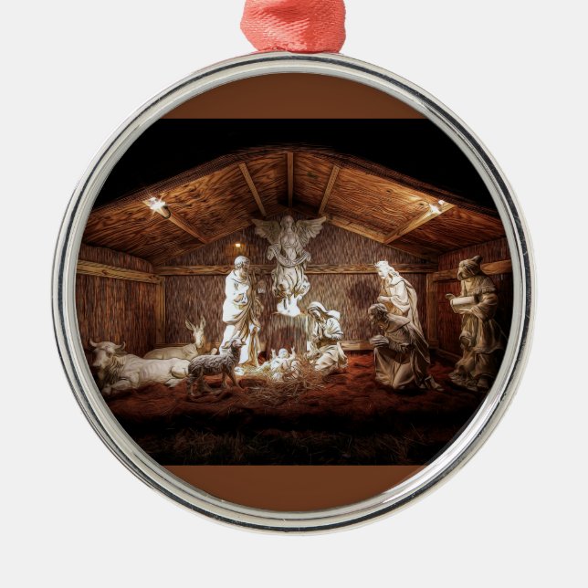 WeihnachtsAdvent Jesus Krippe Szene Silbernes Ornament (Vorne)