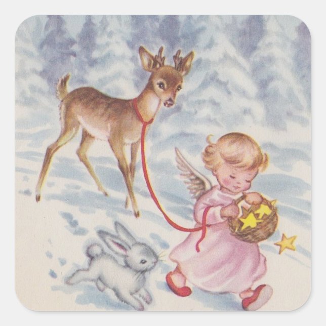 Weihnachtsangel Deer und Bunny Quadratischer Aufkleber (Vorderseite)