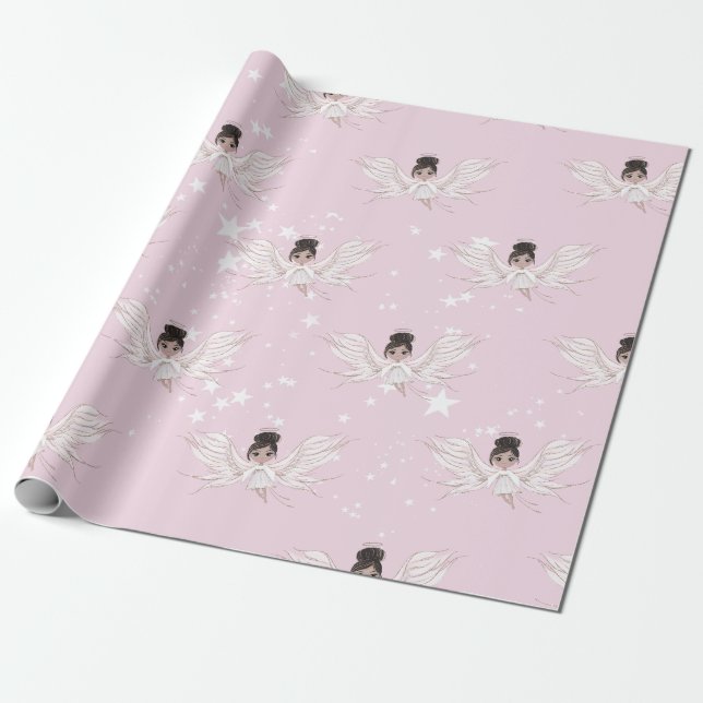 Weihnachtsangel Dunkle Haare Stars Pink Niedlich Geschenkpapier (Ungerollt)