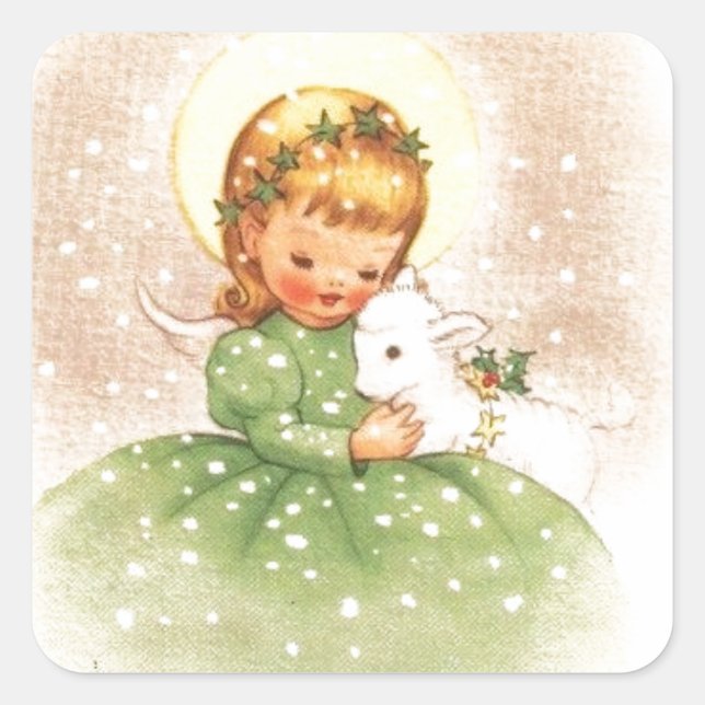 Weihnachtsangel Mädchen mit Baby Lamm Quadratischer Aufkleber (Vorderseite)