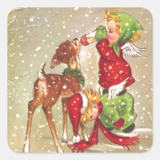 WeihnachtsAngeln Fütternd Baby Deer Quadratischer Aufkleber (Vorderseite)