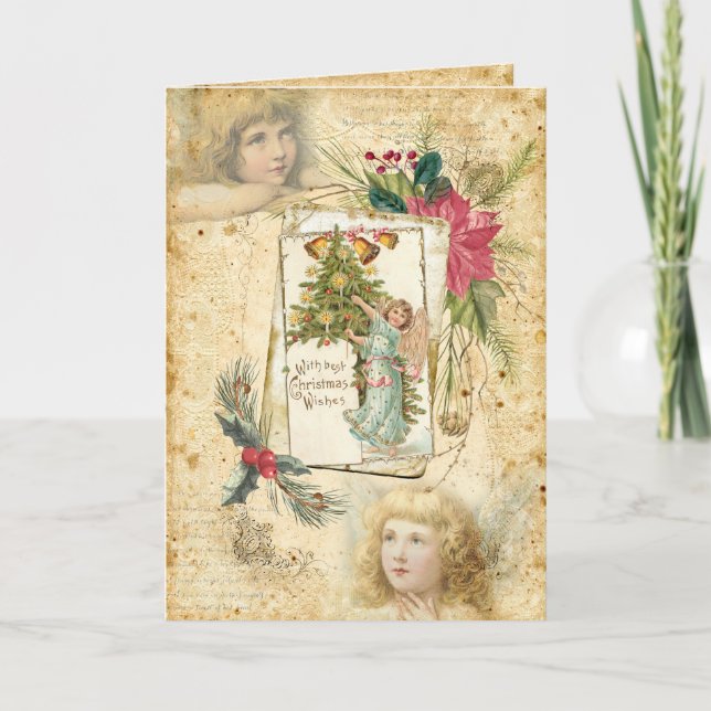 WeihnachtsAngeln, Holly & Poinsettias Feiertagskarte (Vorderseite)