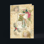 WeihnachtsAngeln, Holly & Poinsettias Feiertagskarte<br><div class="desc">Schönes Collage-Design mit Vintagen Flügelengel,  verziert geätztem Rahmen,  antiker Grußkarte auf gealtertem Papier,  handgeschriebenem Text und Sprays aus Heiligen,  Kiefern und Poinsettien auf einem beängstigenden,  grungenhaften Pergament-Hintergrund.</div>