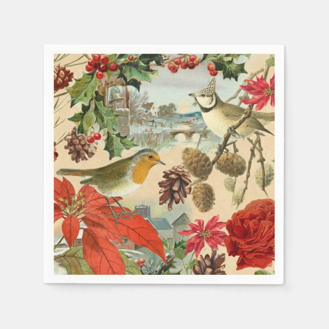 Weihnachtsapplikationen mit Vögeln & Blume Serviette (Vorderseite)