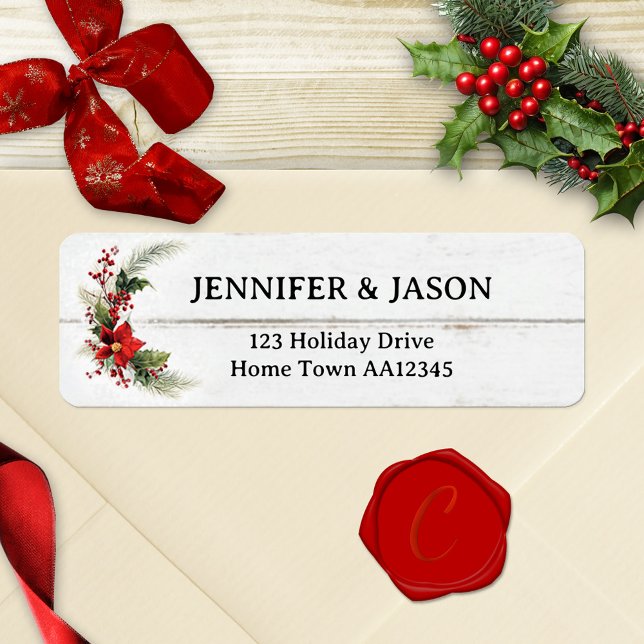 Weihnachtsaufenthalt in der Rustikal (Christmas return address label featuring a watercolor floral poinsettia design on ivory rustic wood)