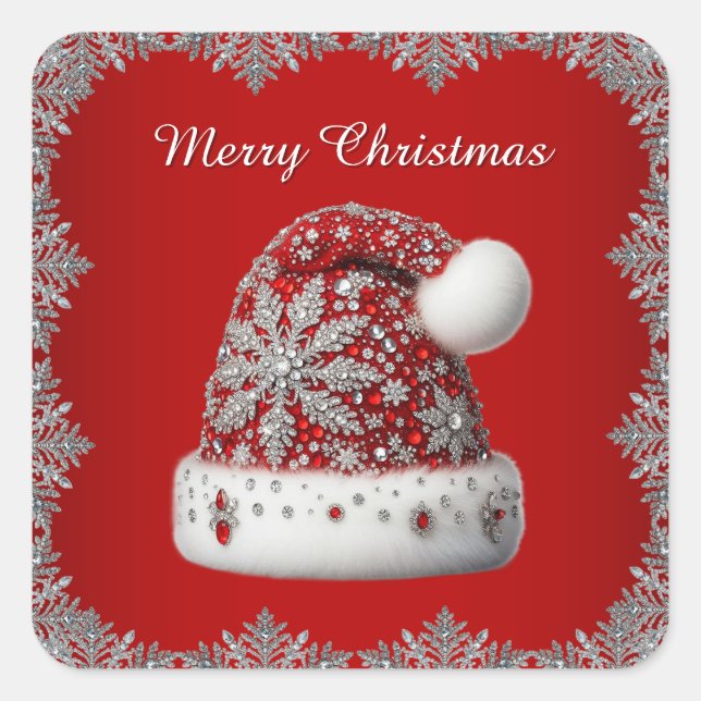 Weihnachtsaufkleber der Roten Weihnachtsmannmütze Quadratischer Aufkleber (Vorderseite)