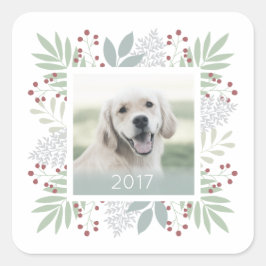Weihnachtsaufkleber für Foto Blätter und Beeren |  Quadratischer Aufkleber