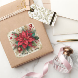Weihnachtsaufkleber für Red Poinsettia Blume Quadratischer Aufkleber