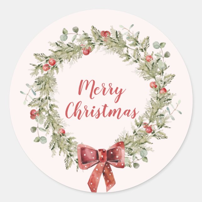 Weihnachtsaufkleber für Rote Berries Wreath Runder Aufkleber (Vorderseite)