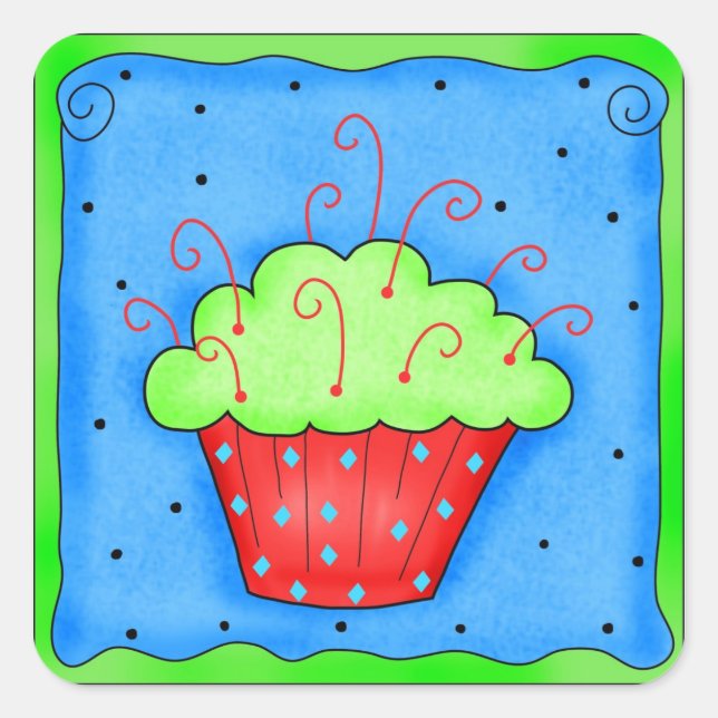 Weihnachtsaufkleber für Rote und Grüne Cupcake Quadratischer Aufkleber (Vorderseite)