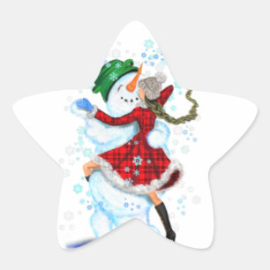 Weihnachtsaufkleber Happy Snowman und Girl Dance Stern-Aufkleber