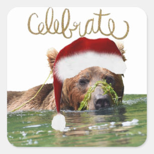 Weihnachtsaufkleber mit Grizzlybären Quadratischer Aufkleber