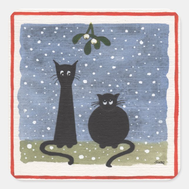 Weihnachtsaufkleber von zwei schwarzen Katzen Quadratischer Aufkleber (Vorderseite)