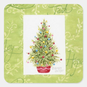 Weihnachtsaufkleber Weihnachtsbaum in Rotem Topf Quadratischer Aufkleber